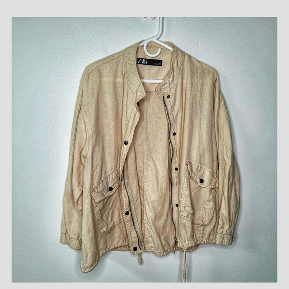 ZARA Linen Blend Utility Cargo Jacket Small Women Neutral Beige Lightweight - Picture 1 of 12